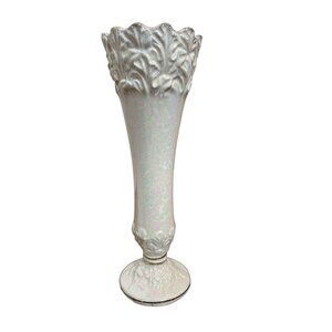 Vintage Norcrest Japan Iridescent White Ceramic Vase Floral Embossed 7" Tall